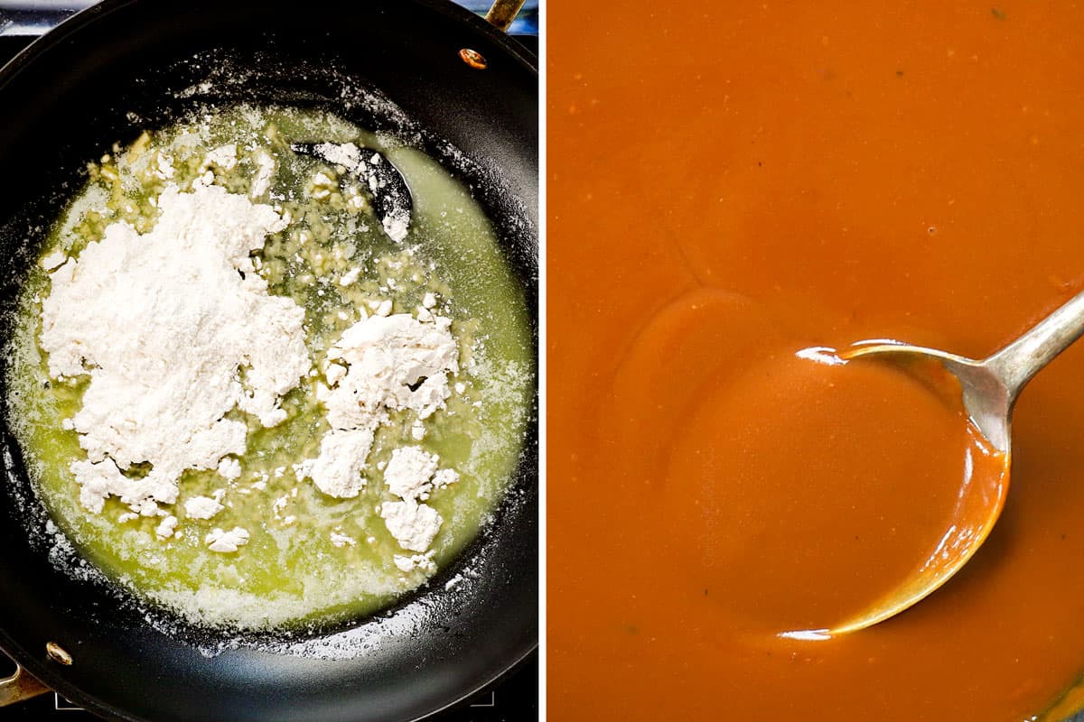 a collage showing how to make gravy for leg of lamb recipe by making a roux, then adding broth and simmering until thickened