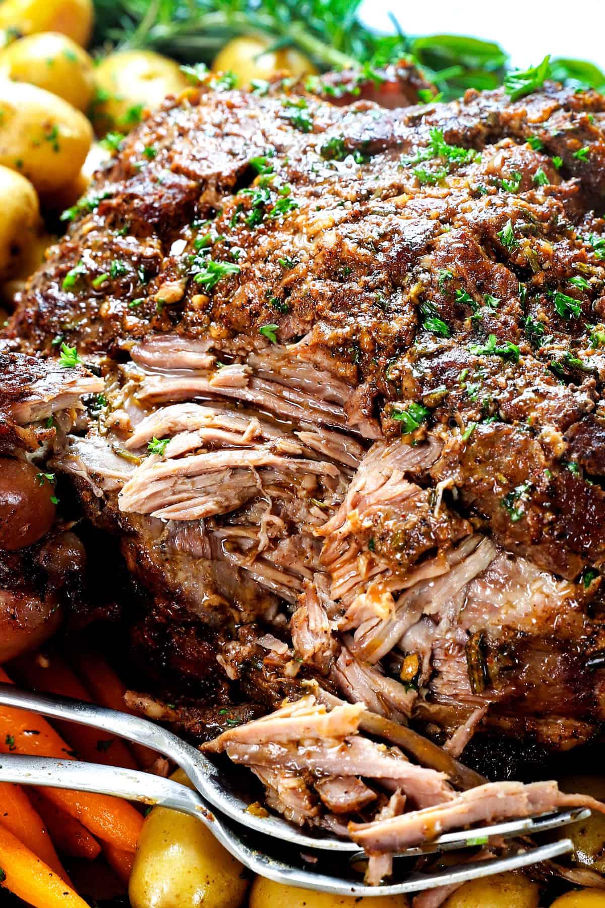 up close of leg of lamb recipe showing how tender and juicy it is