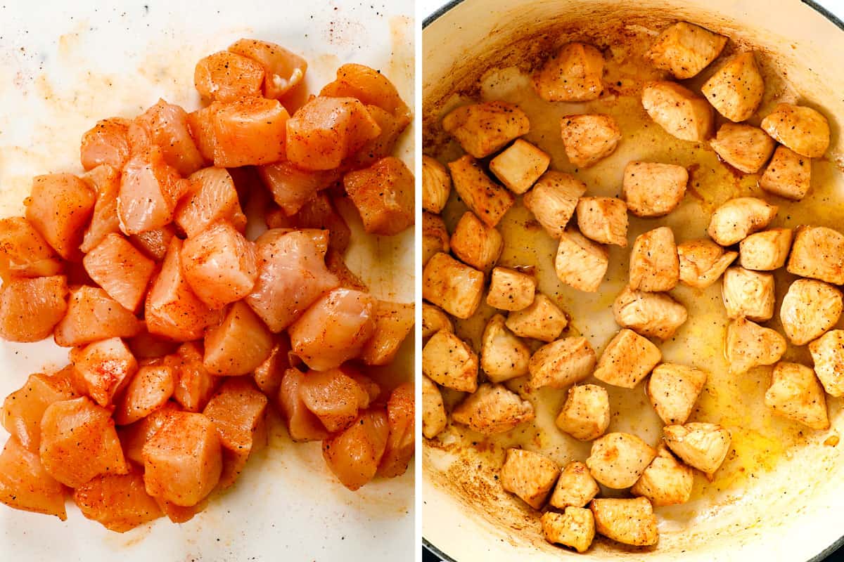 a collage showing how to make chicken and wild rice casserole by seasoning chunks of chicken with paprika, salt and pepper, then cooking in a Dutch oven