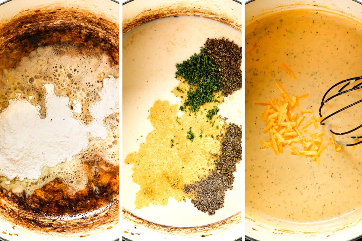 a collage showing how to make chicken and wild rice casserole by making homemade creamy sauce from scratch by making a roux, whisking in the chicken broth and milk, followed by the spices and cheeses