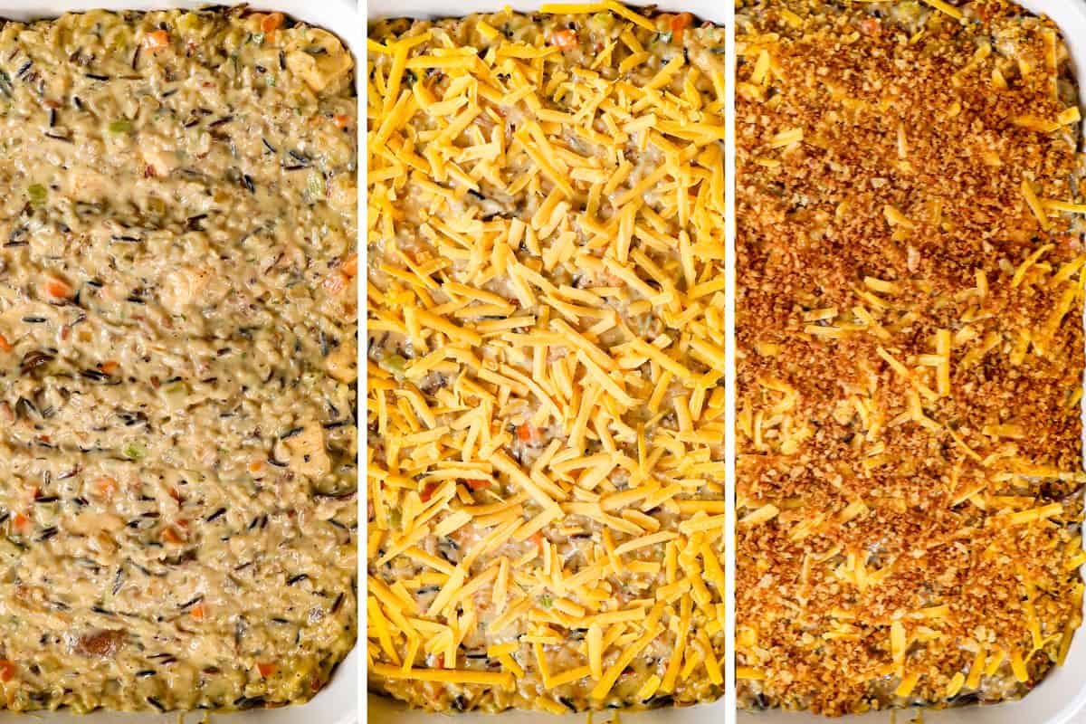 a collage showing how to make chicken and wild rice casserole by adding the creamy chicken and wild rice to a 9x13 baking dish, topping with cheddar cheese followed by golden crispy panko breadcrumbs
