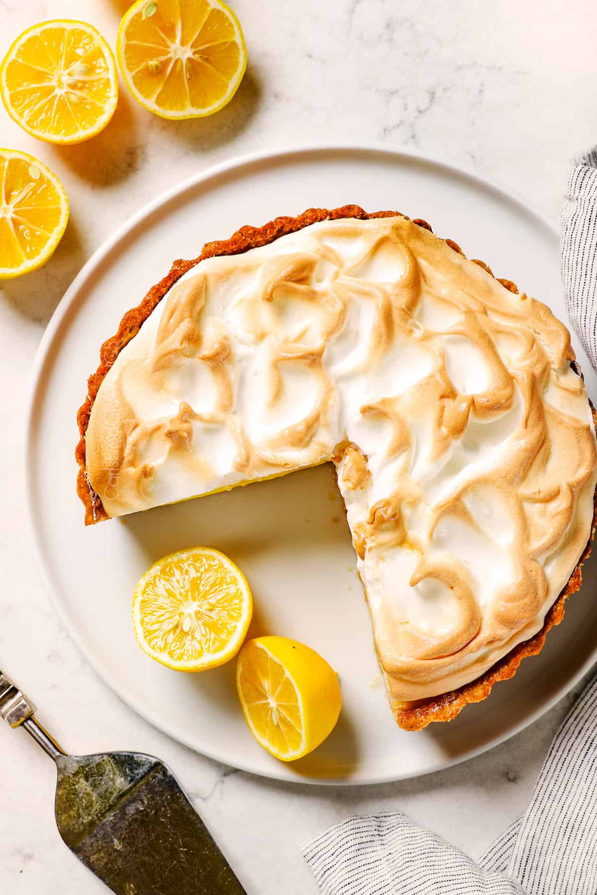 top view of Lemon Meringue Pie showing the beautiful golden meringue top