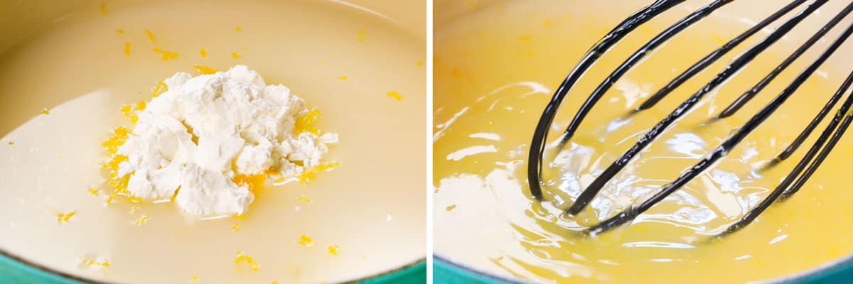 showing how to make Lemon Meringue Pie by whisking lemon juice, water, lemon zest and cornstarch in a saucepan, then simmering until thickened