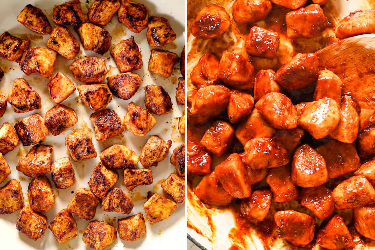 a collage showing how to make spicy chipotle chicken pasta by searing the chicken, then adding honey and lime juice to create a glaze