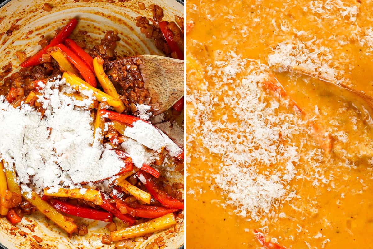 a collage showing how to make spicy chicken chipotle pasta by making a roux with flour, adding chicken broth, simmering to thicken, then adding Parmesan 