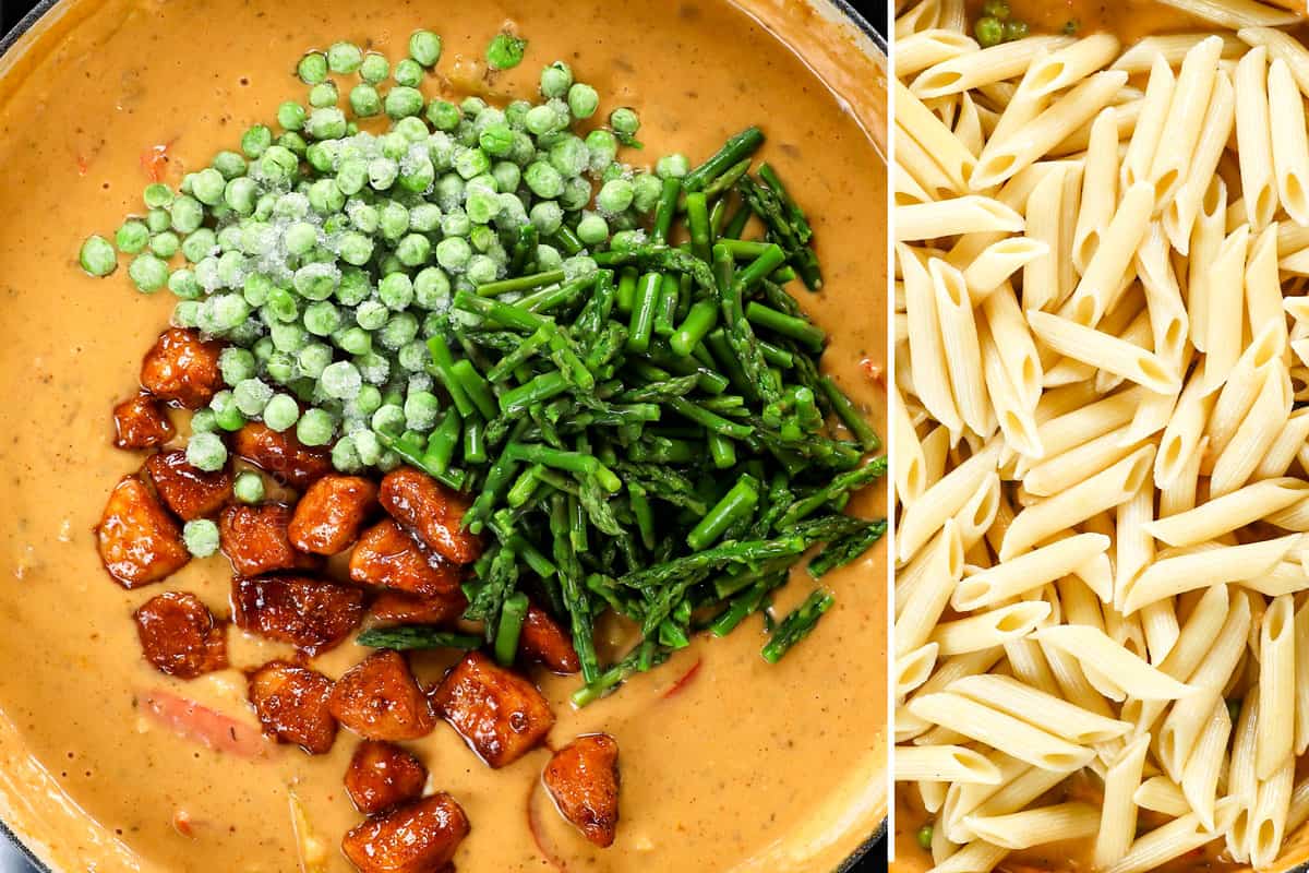 a collage showing how to make spice chicken chipotle pasta by adding chicken, peas and asparagus back to the sauce 