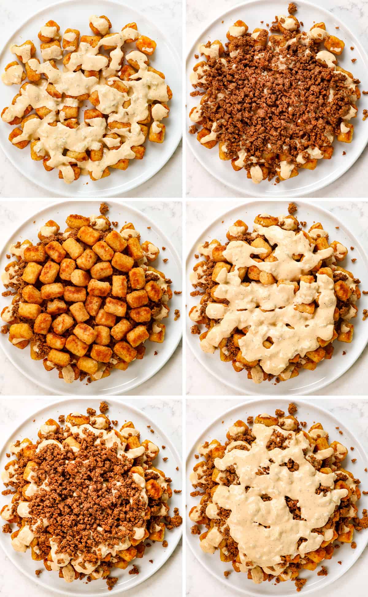 a collage showing how to make tater tot nachos (totchos) by adding tater tots to a plate, adding cheese sauce, then more tater tots, followed by ground beef, cheese sauce, tots and nacho sauce 