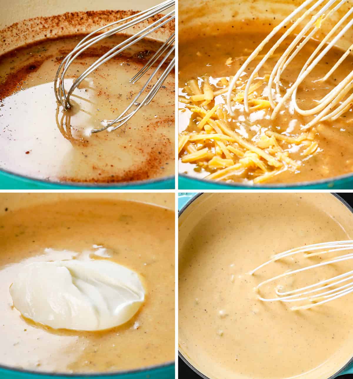 a collage showing how to make chimichanga sauce by adding spices, simmering to thicken, adding cheese, sour cream and green chilies