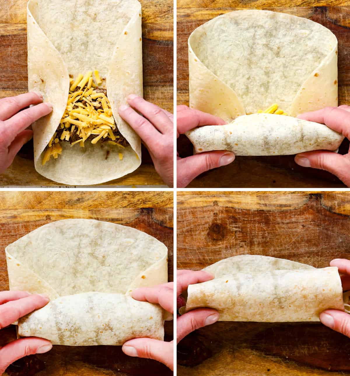 a collage showing how to make chimichangas by adding beef and cheese to tortillas, then rolling up burrito style