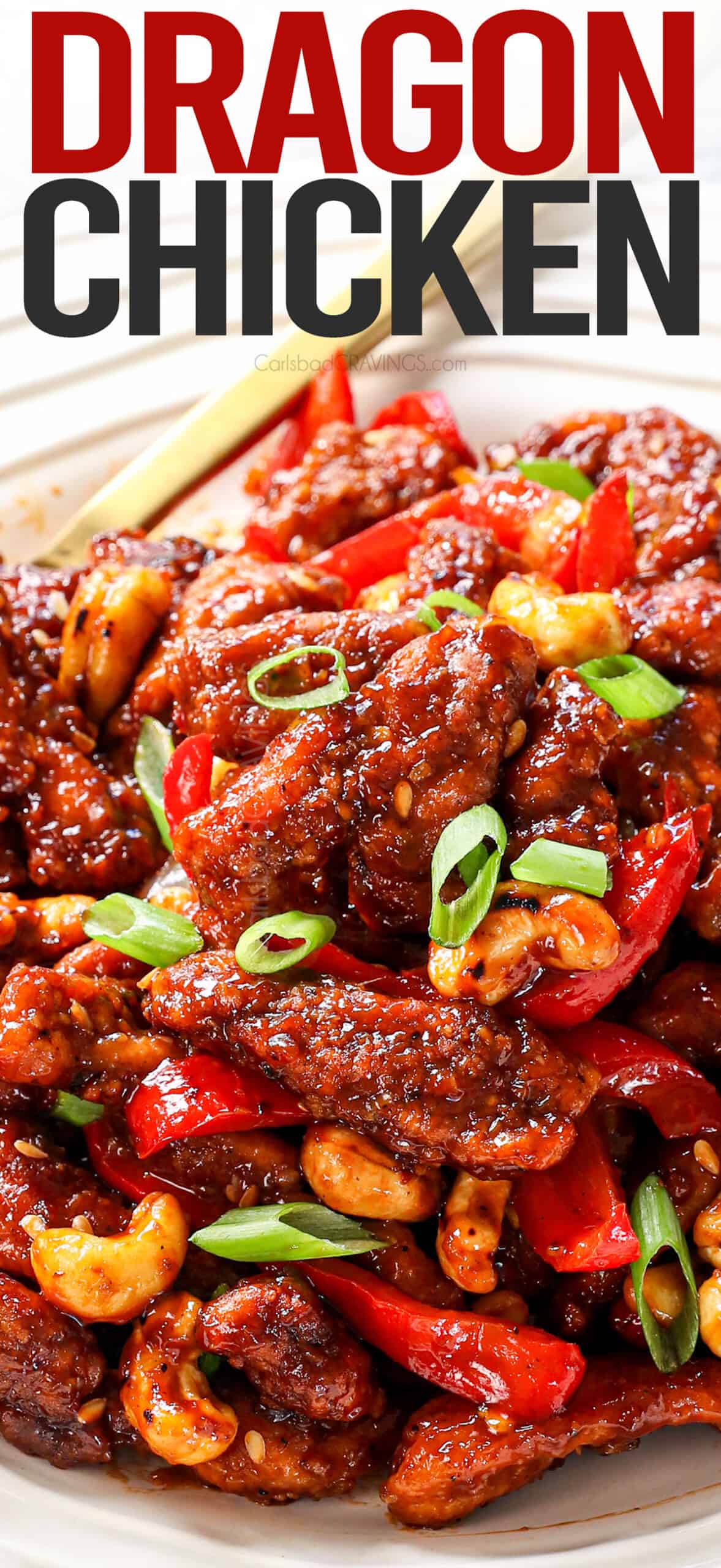 up close of Dragon Chicken made with crispy spicy chicken, bell peppers and cashews