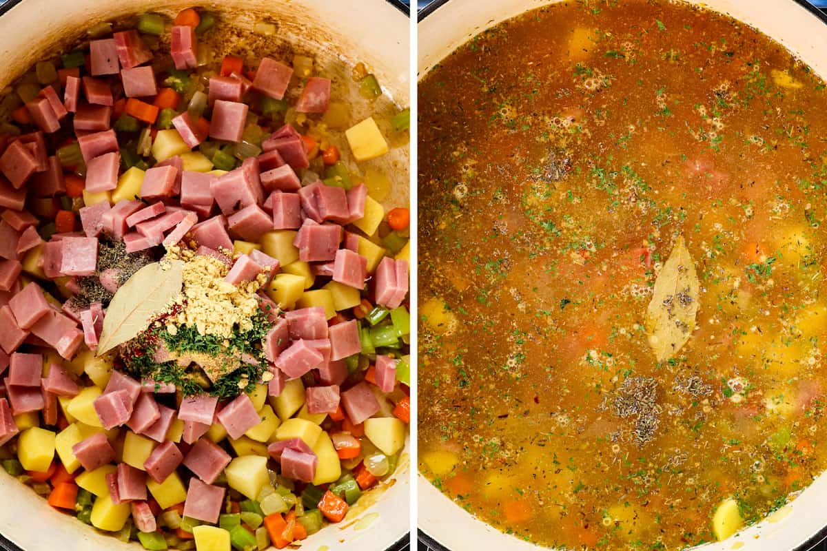 showing how to make bean and ham soup by adding ham, potatoes, broth and spices to a Dutch oven