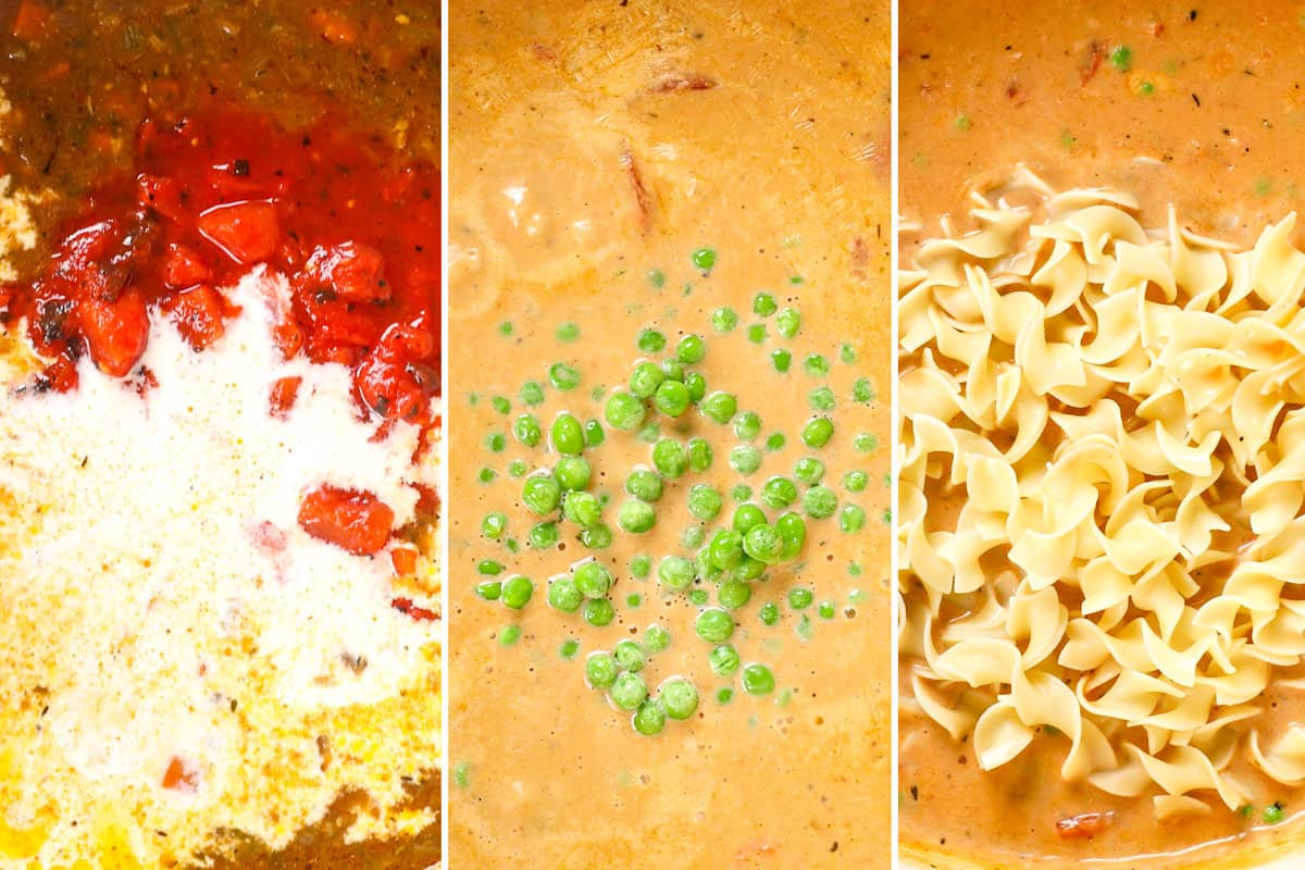a collage showing how to make beef noodle soup by adding half and half, tomatoes, peas and noodles