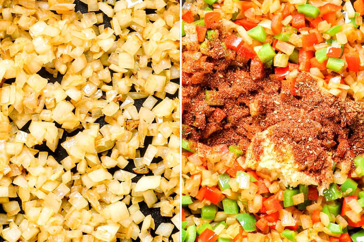 a collage showing how to make chicken fiesta recipe by sautéing onions until softened, then adding bell peppers and spices and sautéing 