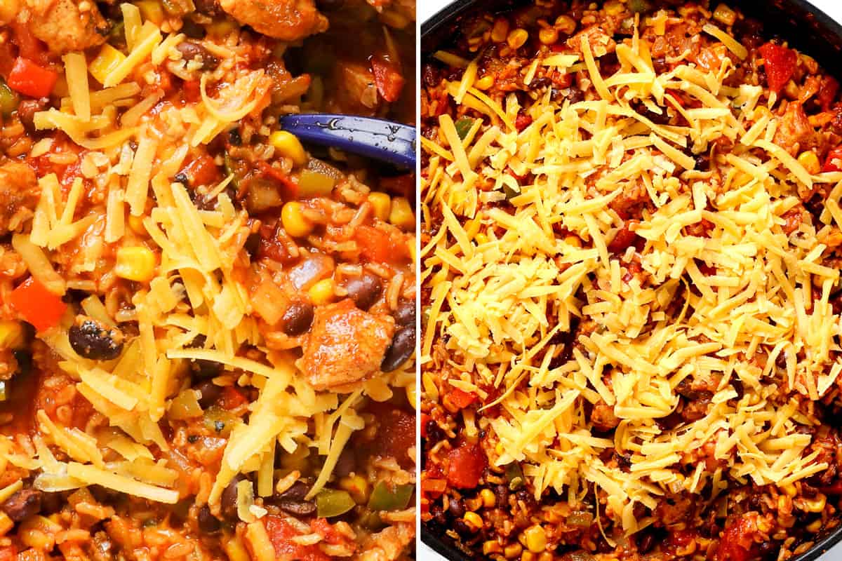 a collage showing how to make chicken fiesta by stirring chicken into the recipe, then topping with additional cheese to melt