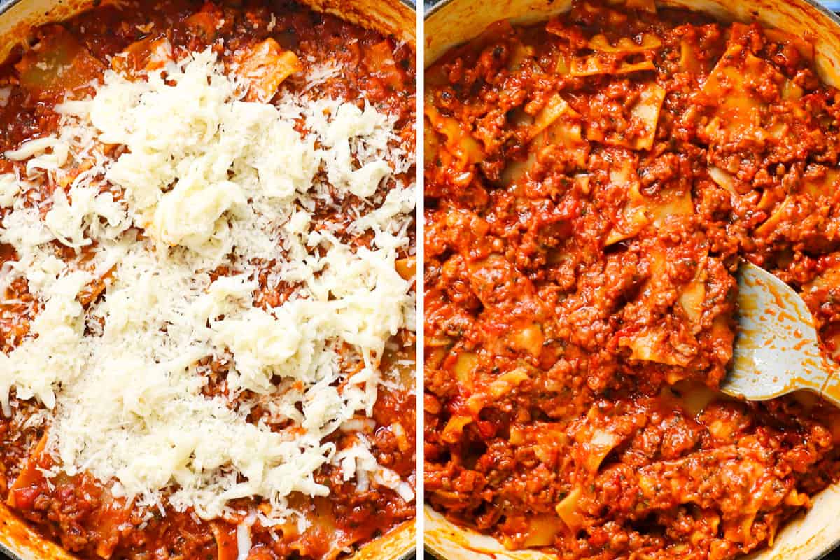 a collage showing how to make skillet lasagna by stirring mozzarella and Parmesan into the noodles and sauce