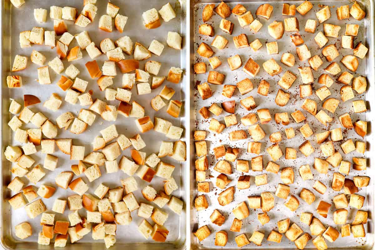 showing how to make French Toast Bake (French Toast Casserole) by toasting challah or brioche cubes on a baking sheet in the oven until toasted