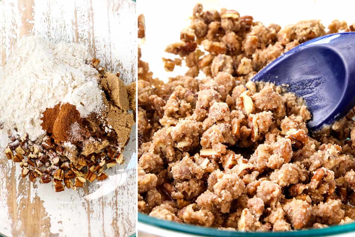 a collage showing how to make Baked French Toast by combining flour, sugar, butter and cinnamon in a bowl to make a streusel topping