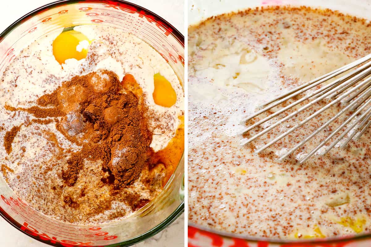 a collage showing how to make French Toast Bake (French Toast Casserole) by adding eggs, half and half, cinnamon, and sugar to a mixing bowl and whisking to combine to make the custard
