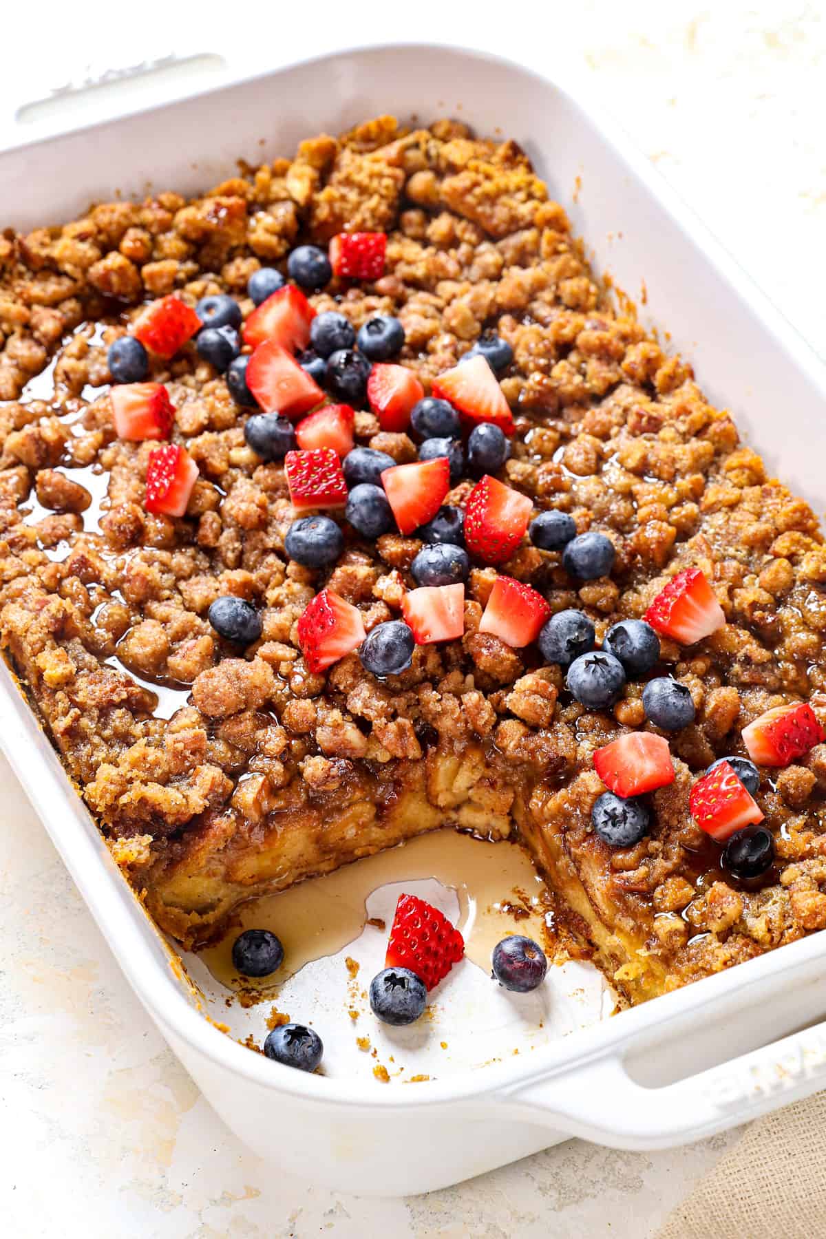 Baked French Toast in a casserole with pecan brown sugar topping