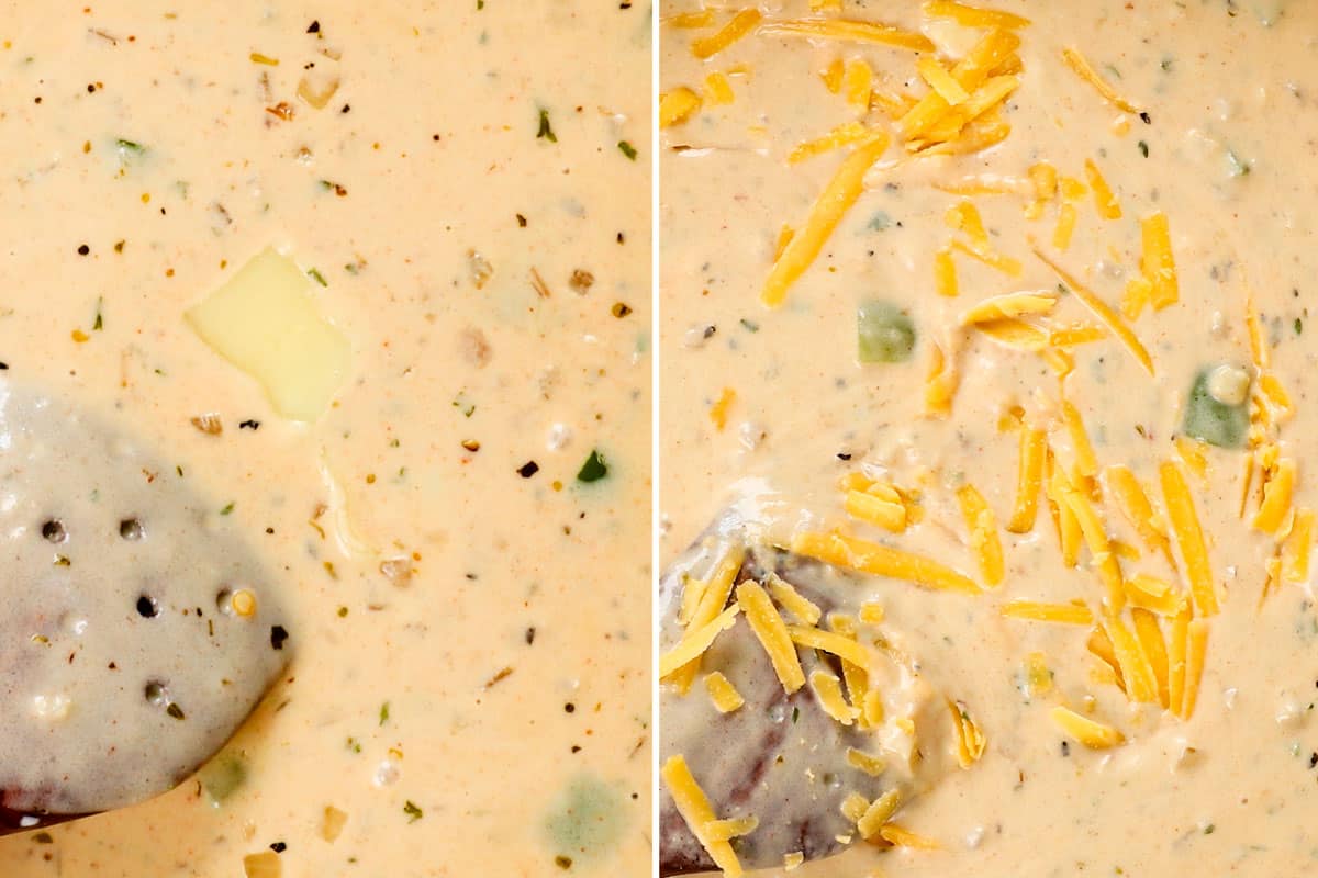 a collage showing how to make Ground Beef Pasta by adding provolone followed by cheddar cheese