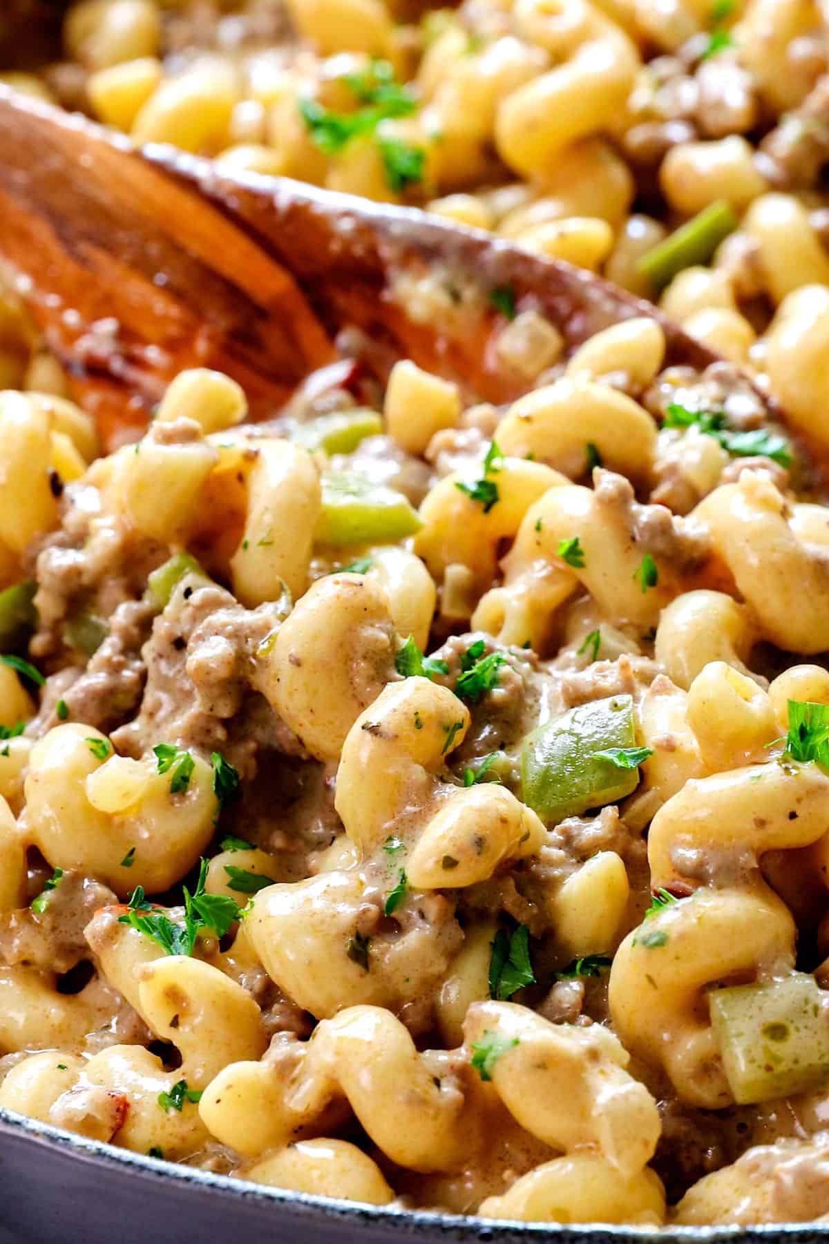 up close of Philly Cheesesteak Pasta with ground beef showing how cheesy and creamy it is