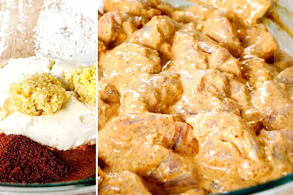 a collage showing how to make Butter Chicken Indian recipe by making the chicken marinade by whisking together yogurt, garlic, ginger, lemon juice and spices