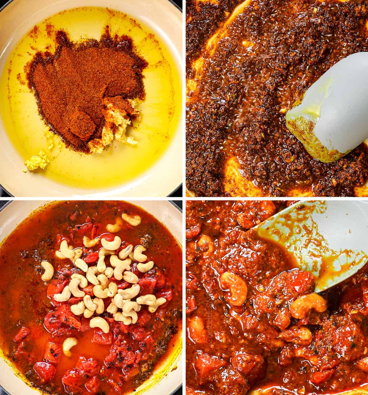 a collage showing how to make best butter chicken recipe by melting ghee and sautéing butter, garlic, ginger and spices, adding cashews and tomatoes and simmering 
