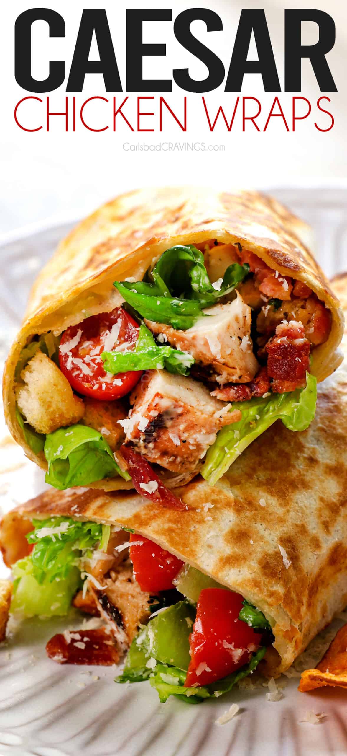 up close of Chicken Caesar Wrap showing the juicy chicken and crunchy lettuce