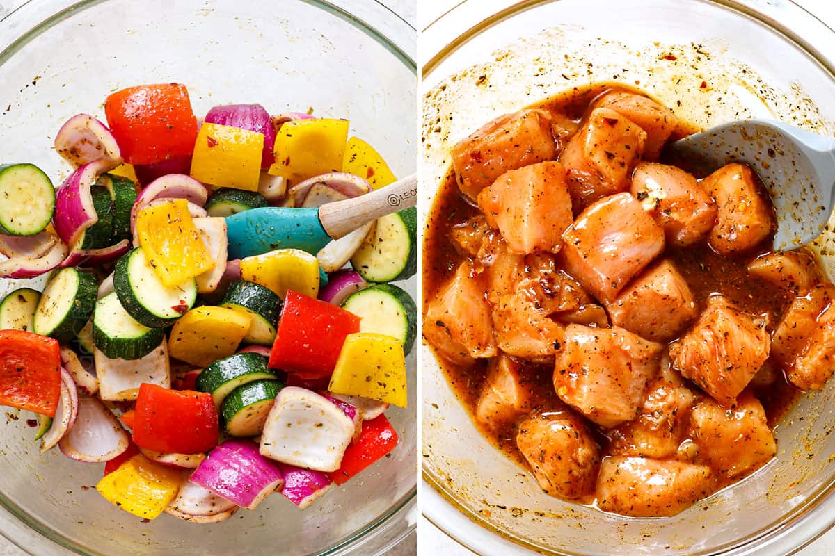 a collage showing how to make chicken kabobs (chicken kebabs) by marinating chopped chicken and vegetables in a glass bowl