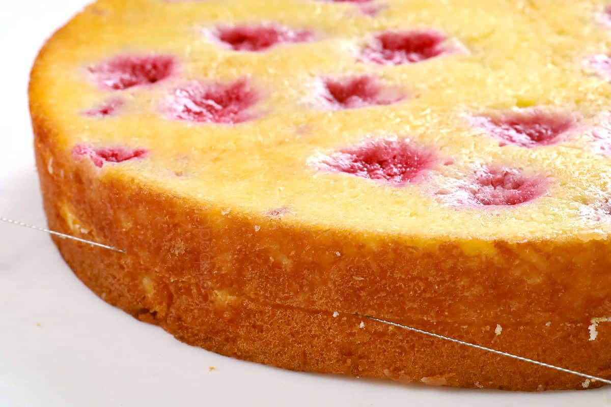 showing how to make Lemon Raspberry Cake recipe by slicing the cakes in half through the equator