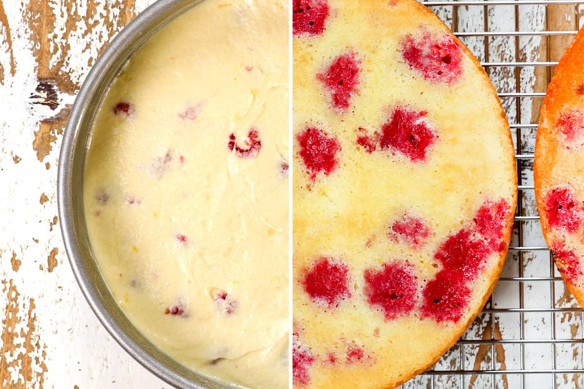 showing how to make lemon raspberry  cake recipe by baking cake until tender
