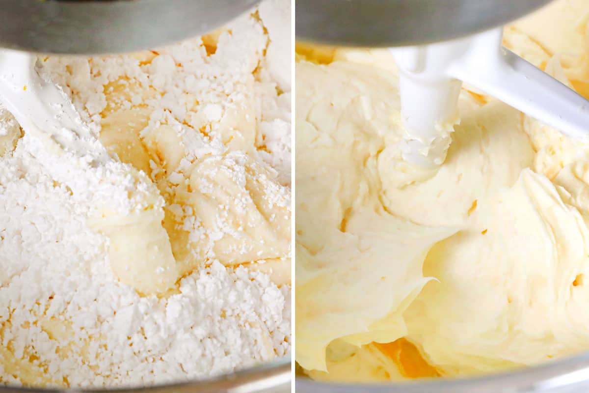 a collage showing how to make Lemon Raspberry Cake by making frosting with butter, cream cheese and powdered sugar
