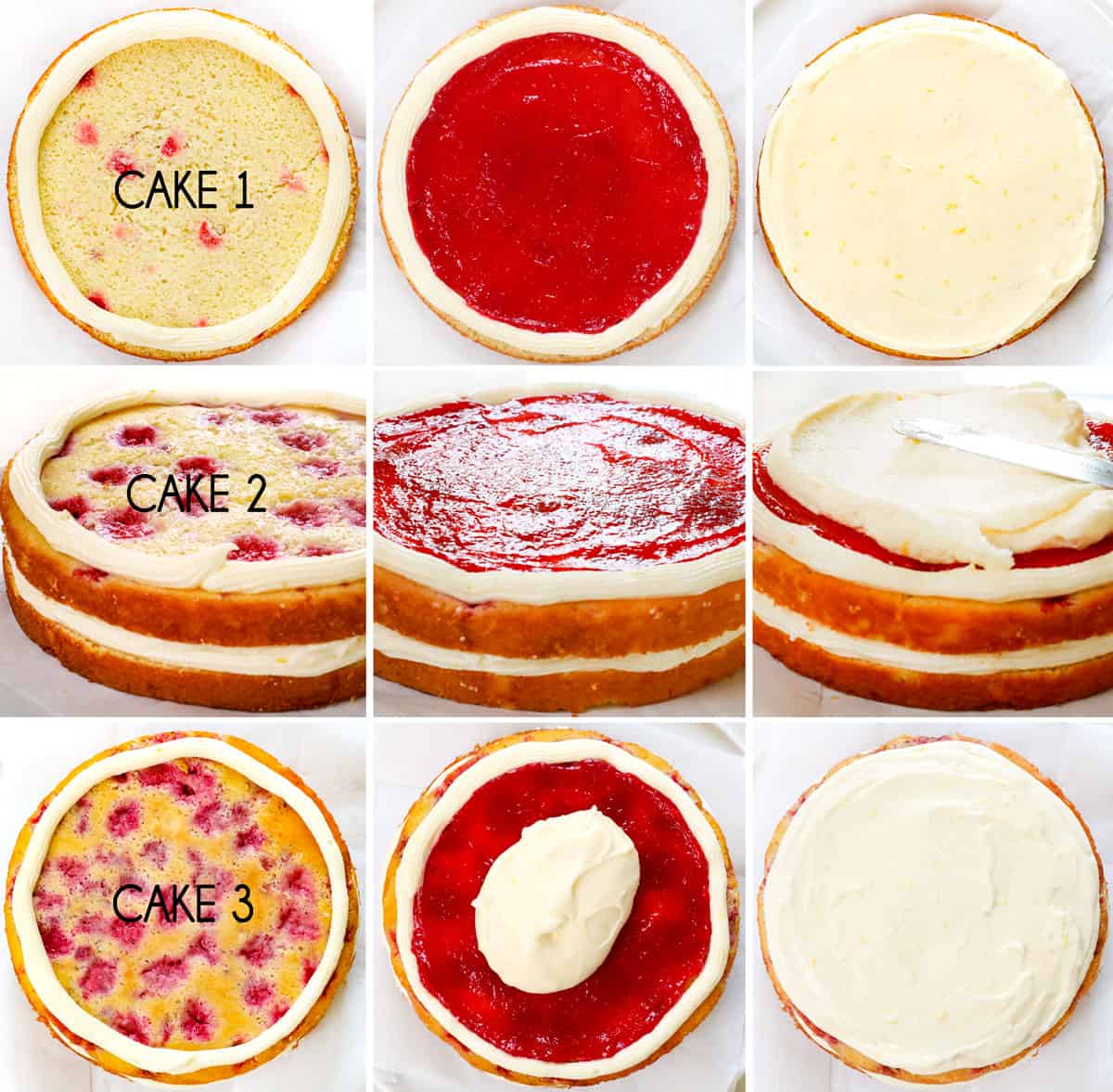 a collage showing how to make Lemon Raspberry Cake by layering with raspberry filling and lemon frosting and repeating 3 times 