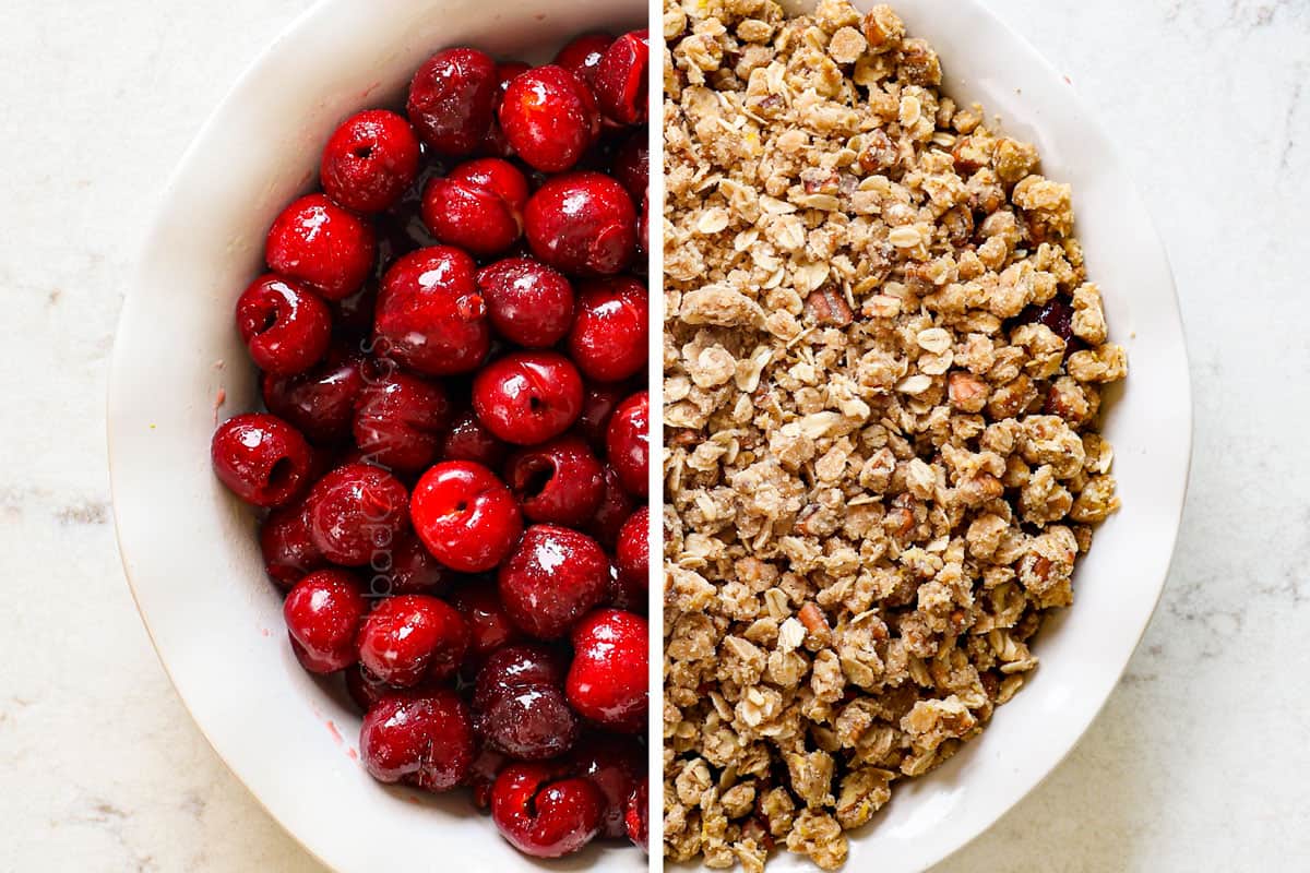 a collage showing how to make cherry crisp recipe by adding cherries to a baking dish, then topping with crisp oat topping