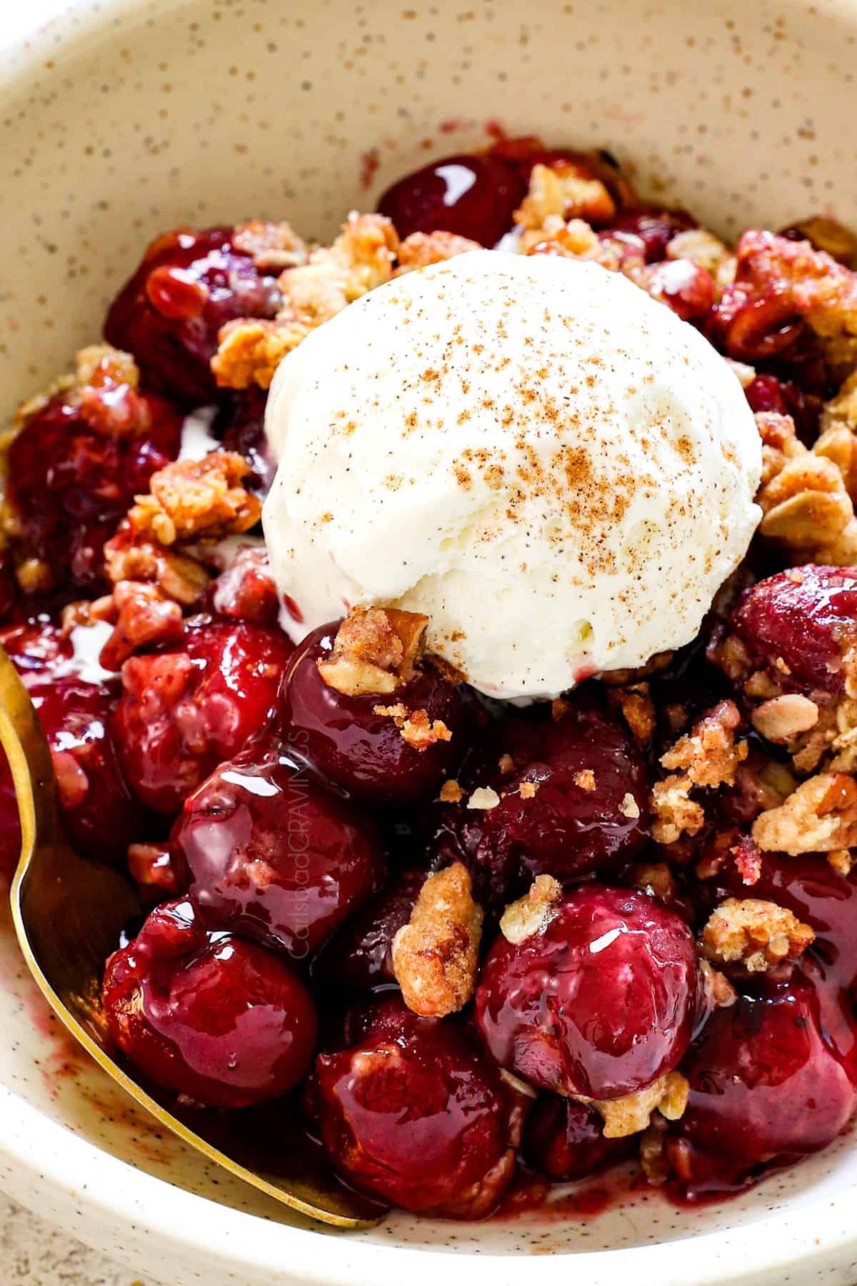 up close of cherry crisp recipe with fresh cherries serve in a bowl showing how juicy the cherries are