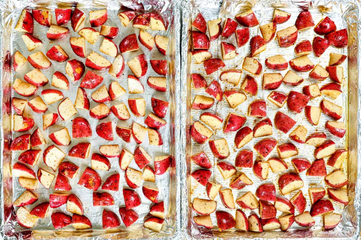 showing how to make red potato salad recipe by dividing red skinned potatoes between two baking sheets