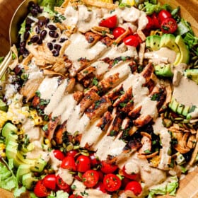 top view of Southwest Chicken Salad recipe drizzled with dressing