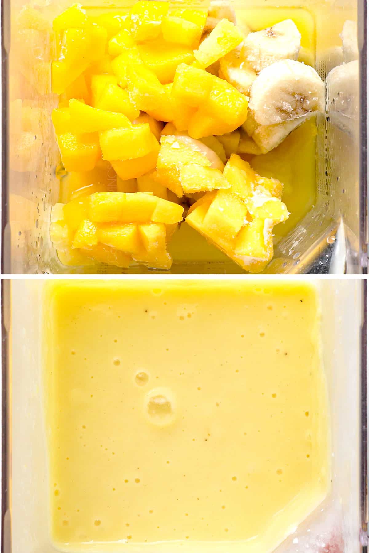 A collage showing how to make a smoothie recipe by blending fruit and liquid until smooth
