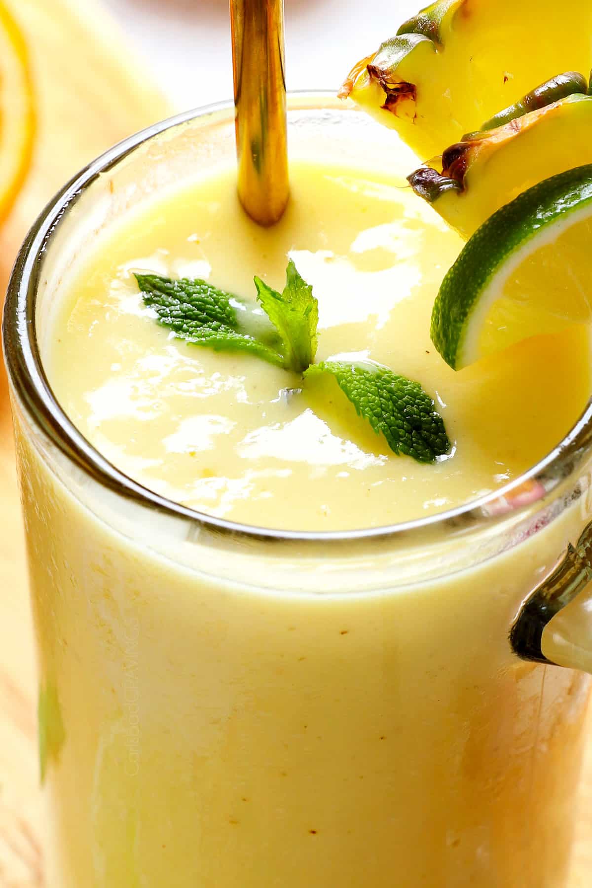 up close of Tropical Smoothie recipe showing how thick and creamy it is