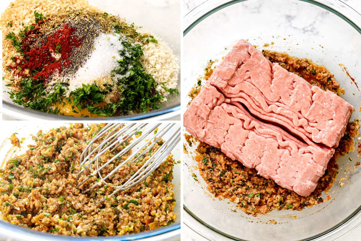a collage showing how to make turkey burger recipe by adding egg, panko, Greek yogurt, and seasoning to a bowl, mixing, then combining with ground turkey
