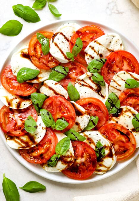 top view of Caprese salad served on a plate