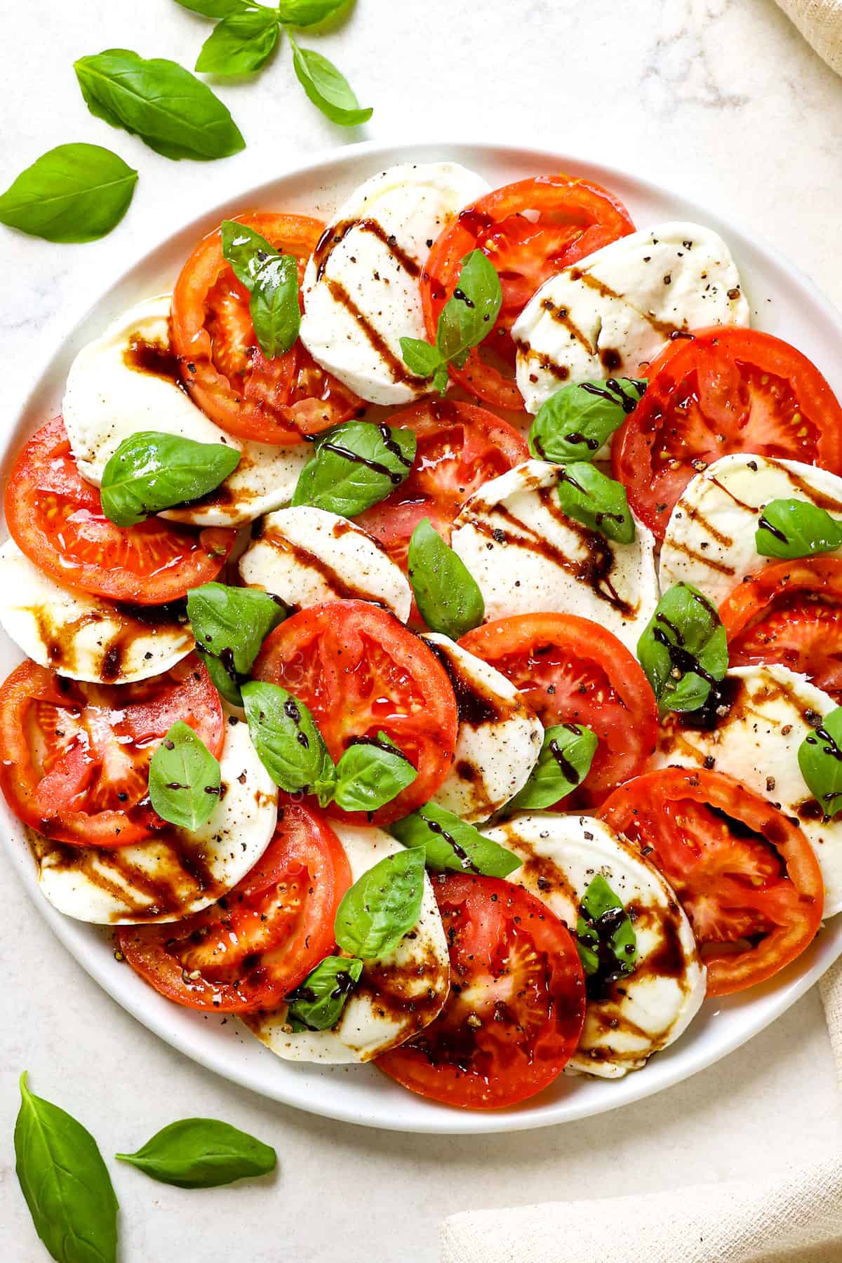 top view of Caprese salad served on a plate