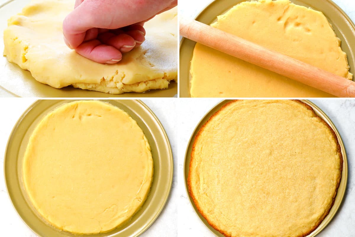 a collage showing how to make fruit pizza by pressing sugar cookie dough into a circle, then baking until the edges are golden