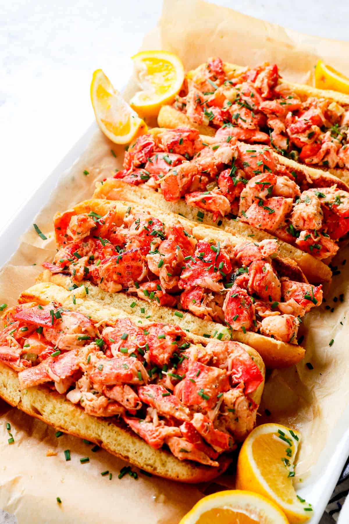 lobster roll recipe lined on a platter to serve