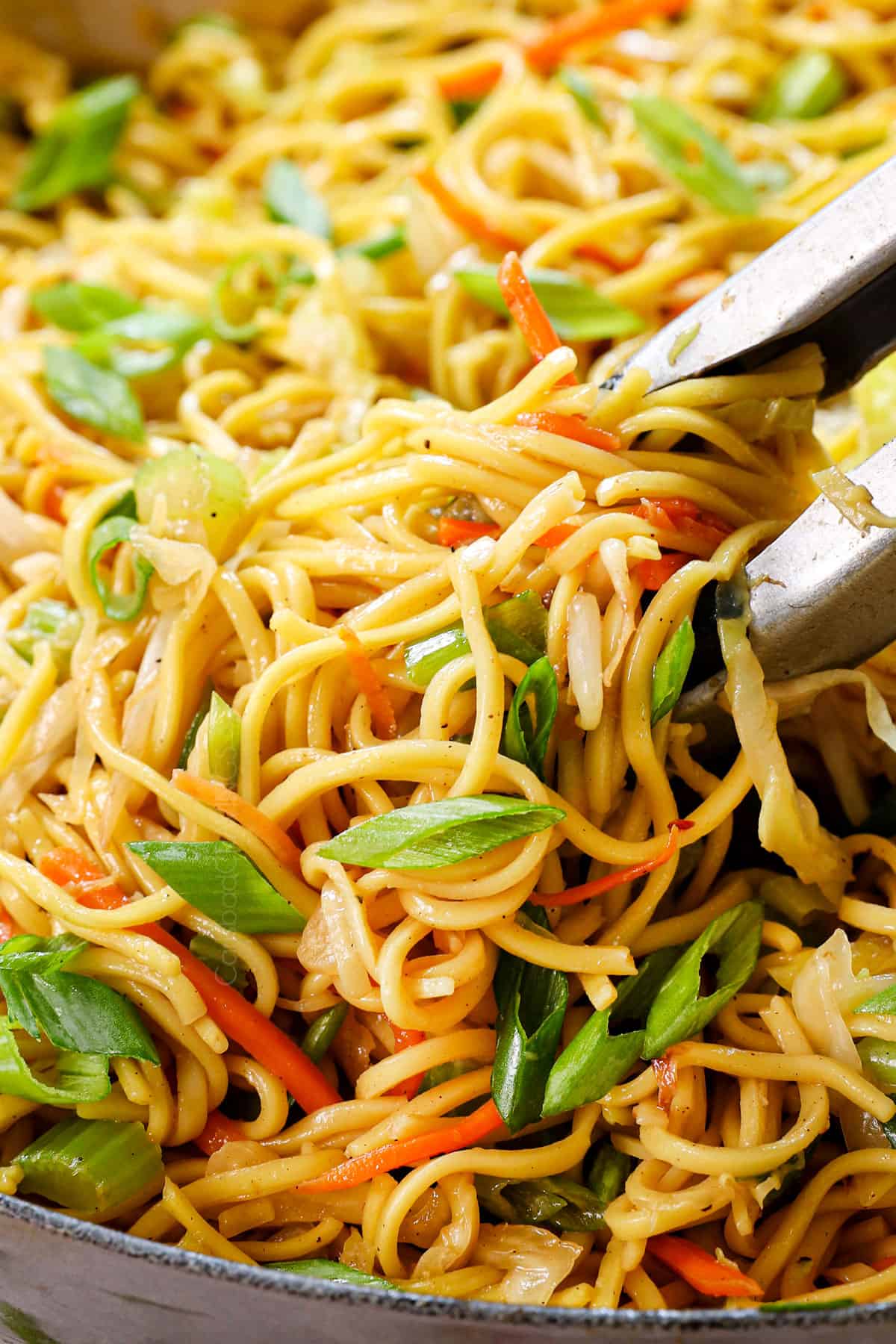 up close of serving chow mein noodles garnished with green onions