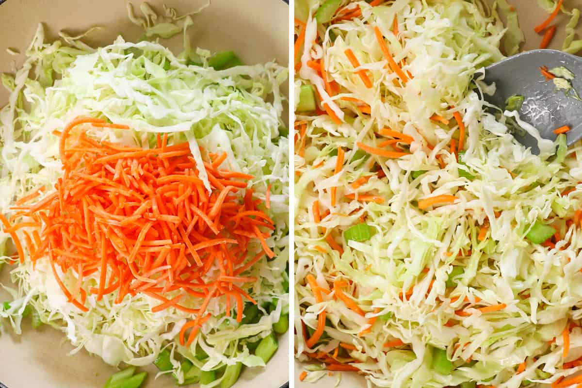 showing how to make chow mein by adding cabbage and carrots and stir frying