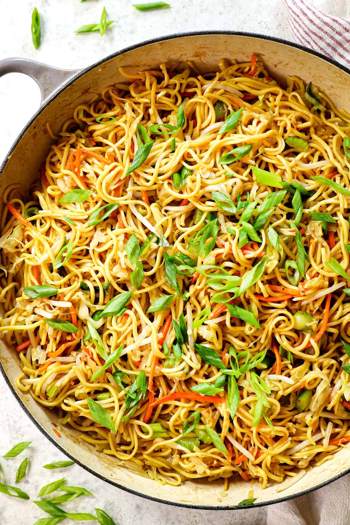top view of easy chow mein recipe in a large skillet