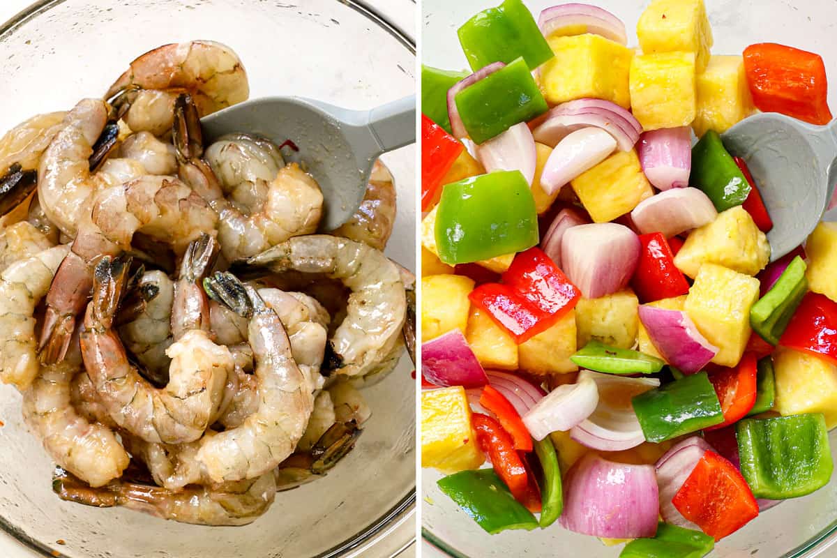 a collage showing how to make shrimp kabobs by marinating shrimp and vegetables in shrimp marinade