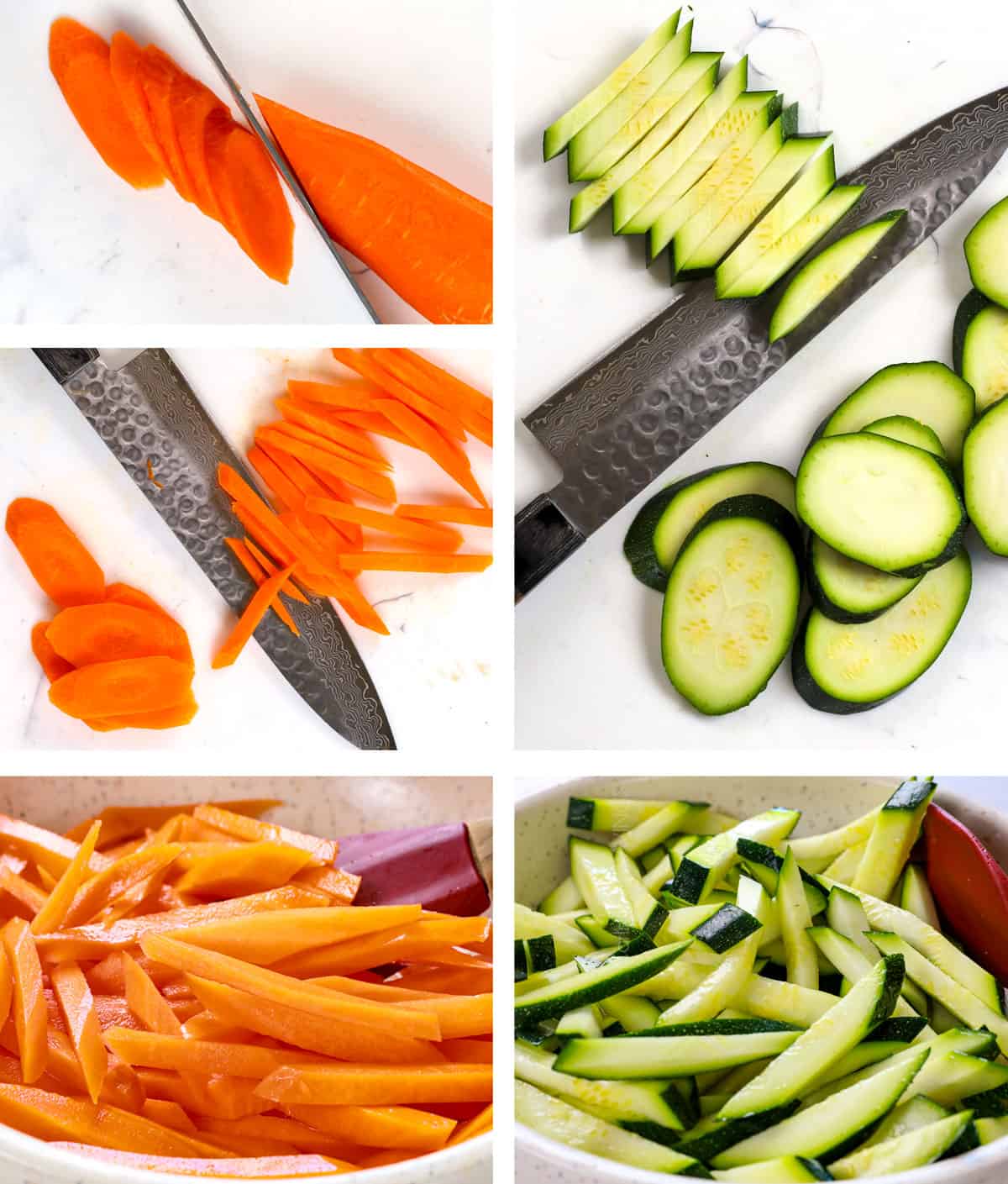 a collage showing how to make bibimbap recipe by slicing the carrots and zucchini into batons, then adding to separate bowls with salt