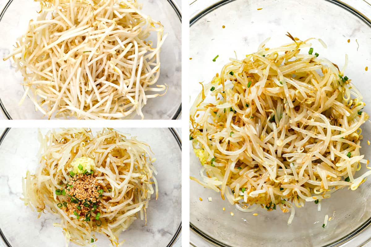 a collage showing how to make bibimbap by steaming the sprouts, then tossing with garlic, sesame seeds, green onions and sesame oil